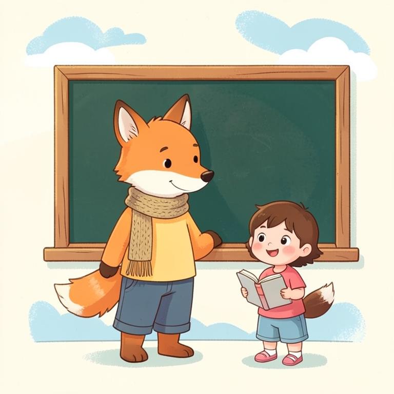 A friendly fox teacher at a chalkboard with a smiling child holding a book
